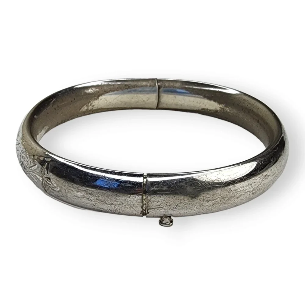 Vintage Sterling Silver 925 Hollow Hinged Signed HFB Bangle Bracelet